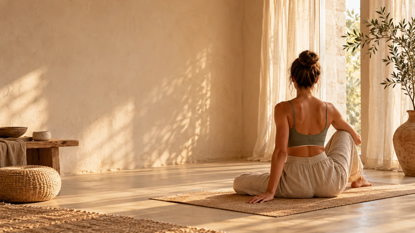 O practică liniștită de yoga într-un studio luminat de soarele dimineții